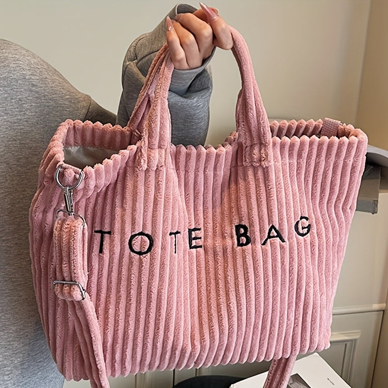 Large Capacity Corduroy Tote Bag for Women with Adjustable Shoulder Strap, Letter Pattern and Contrast Design for Work and Casual Crossbody Wear