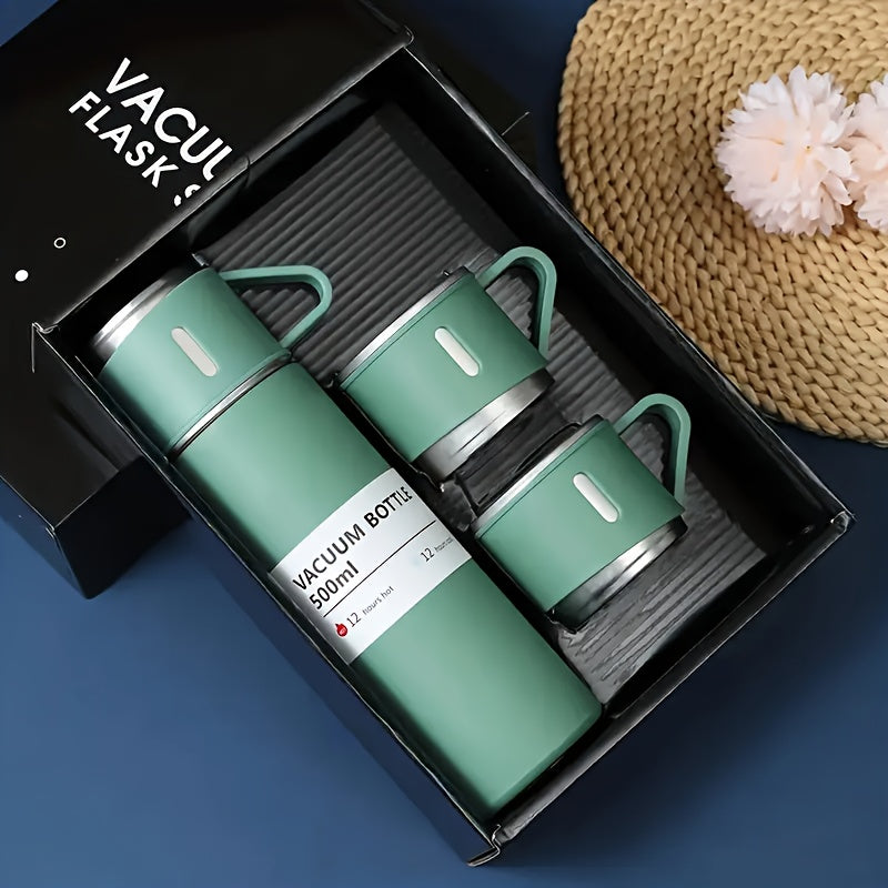 Insulated Bottle and Cup Set with Listed 500ml Stainless Steel Bottle and Three Small Cups, Six Color Options for Work, School and Everyday Beverage Carry