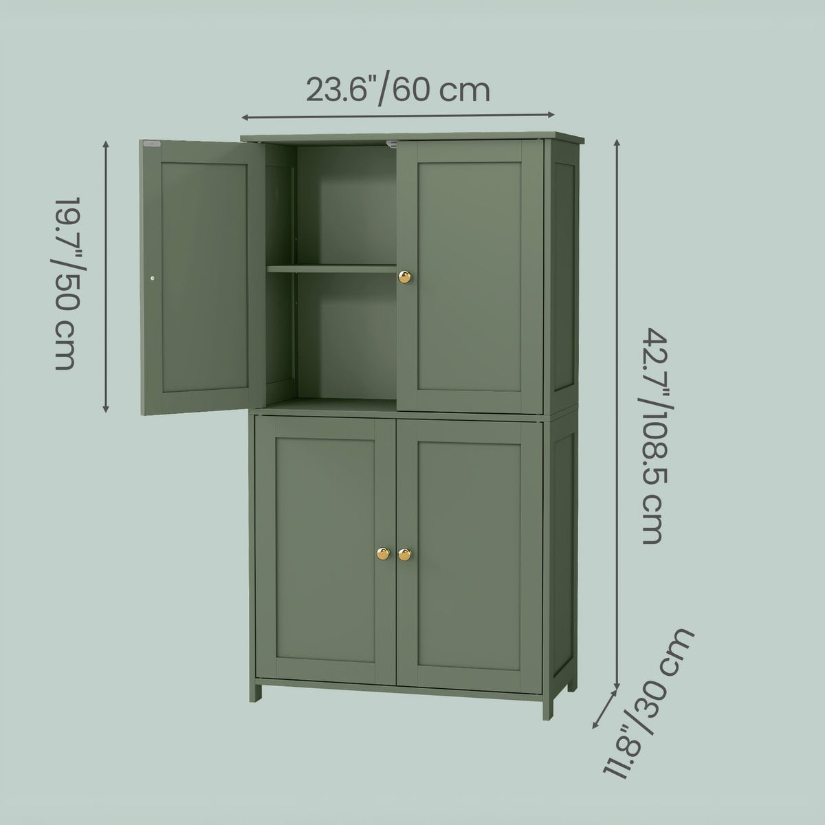 Shaker Style Floor Storage Cabinet with Four Doors, Two Cupboards and Two Adjustable Shelves, Green, White or Blue Freestanding Organizer for Home Essentials