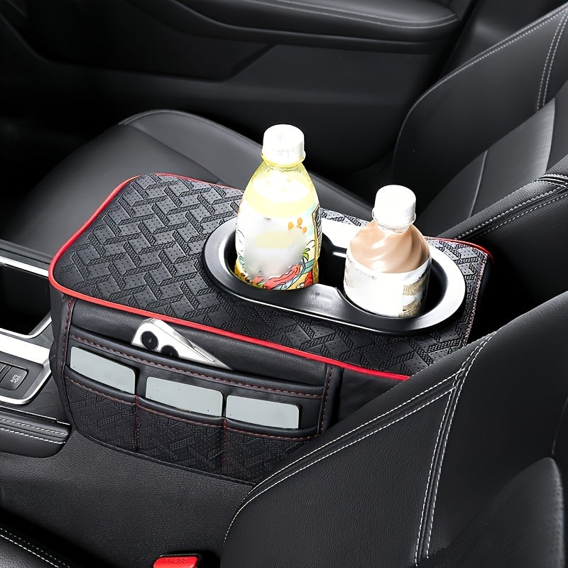 Car Armrest Storage Cover in PU Leather with Two Side Pockets and Two Cup Holders, Center Console Organizer with Tissue Bundle and Refill Options