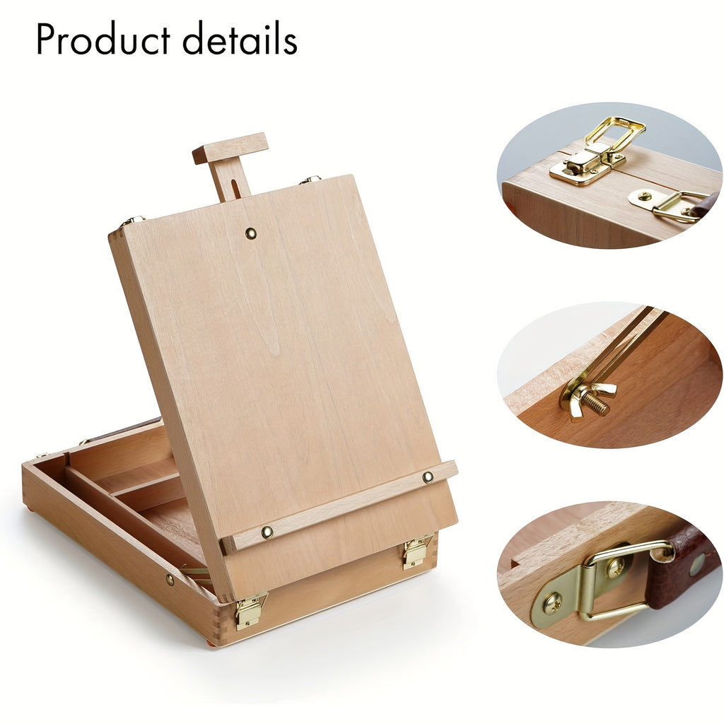 Wooden Tabletop Easel Storage Box, Adjustable Beechwood Painting Stand with Carry Handle and Natural Wood Finish for Artists, Beginners and Art Display