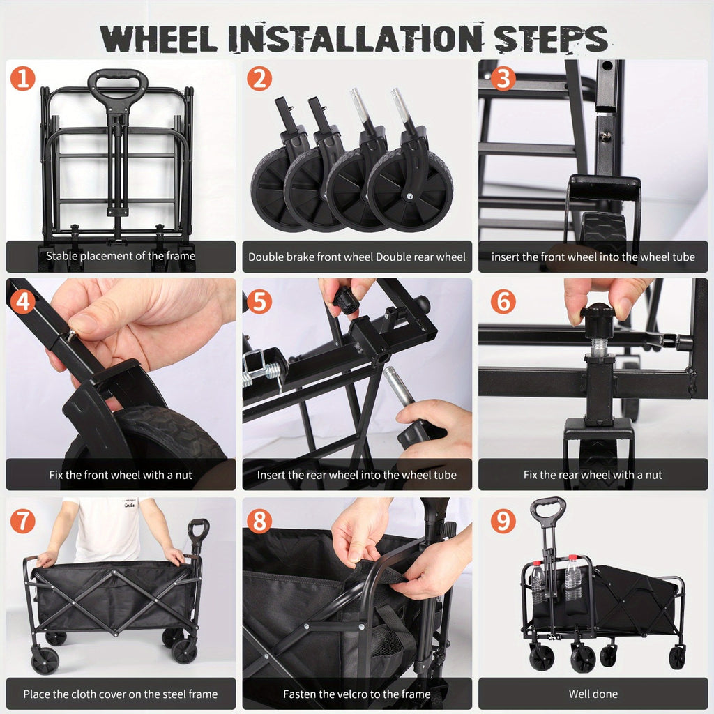 Foldable Utility Cart with Detachable 600D Oxford Fabric and Four Wheels, Alloy Steel Frame Wagon Models for Camping Supplies, Garden Gear and Grocery Transport