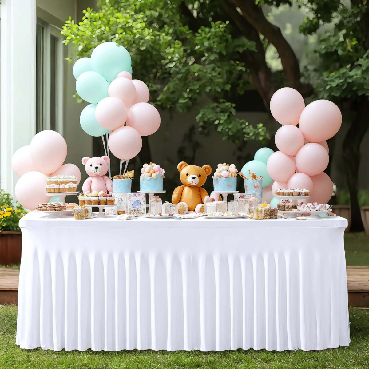 Elastic Polyester Table Cover with Wave Fold Skirt Styling, 4ft or 6ft Table Size Labels in Five Colors for Wedding Buffets, Birthday Parties and Banquet Displays