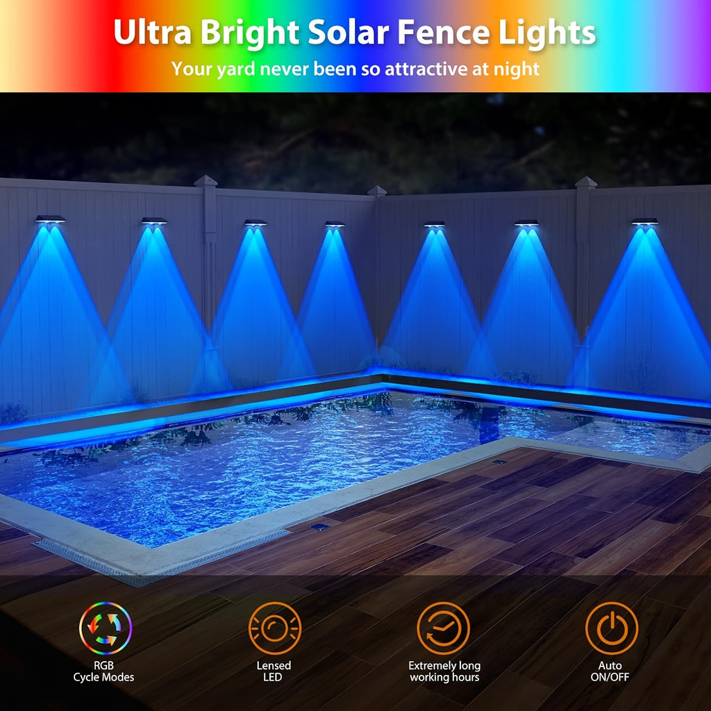 Multicolor Solar Fence Lights with Nine Listed Modes and Lens-Focused LEDs, Outdoor Wall and Patio Decorative Lighting in Packs of 4, 6, 8 or 10