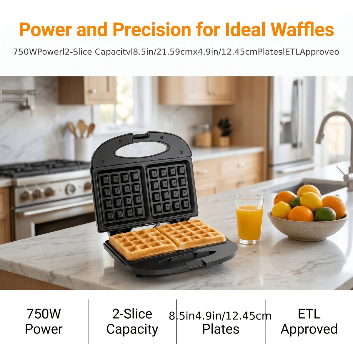 Belgian Waffle Maker by TESSLUX, 750W 2-Slice Nonstick Waffle Iron with Dual LED Indicators, Locking Handle and Upright Storage for Home Breakfasts