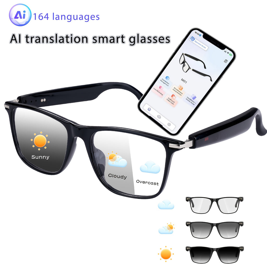 160 Language Translation Smart Glasses, AI Audio Glasses with ChatGPT, HD Calls & HiFi Music, Built-in Mic & Speaker, Photochromic Lenses, Real-Time Translator Eyewear for Travel, Meetings, Men & Women