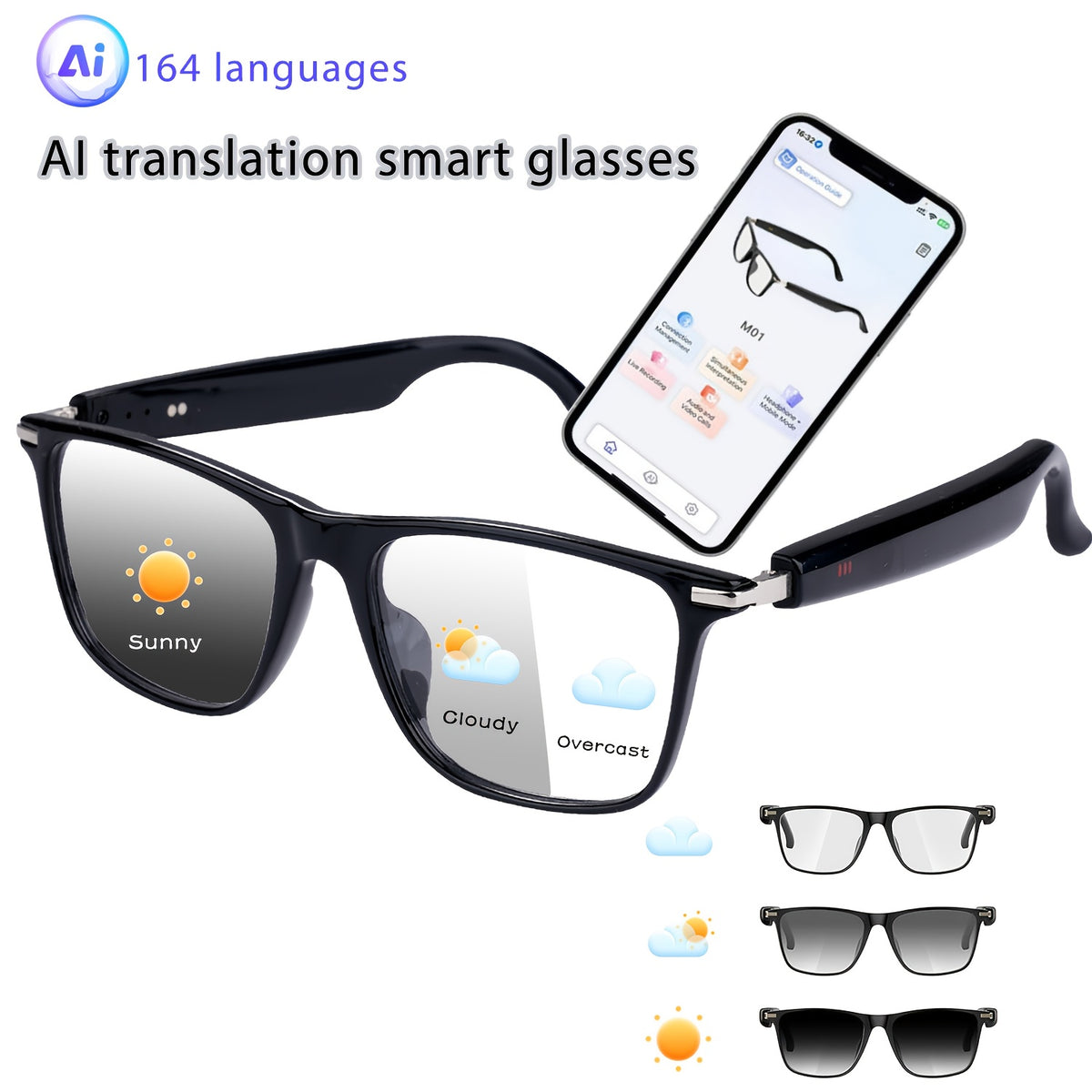 160 Language Translation Smart Glasses, AI Audio Glasses with ChatGPT, HD Calls & HiFi Music, Built-in Mic & Speaker, Photochromic Lenses, Real-Time Translator Eyewear for Travel, Meetings, Men & Women