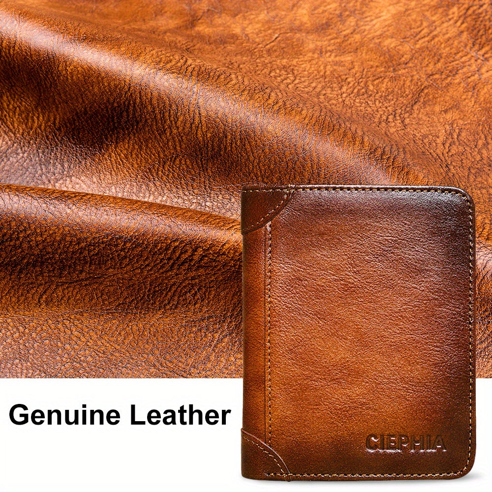 Trifold Leather Wallet for Men with Eight Card Slots, Two ID Windows, Coin Pocket and Two Banknote Sections, Yellow Brown, Black or Coffee Color for Daily Carry