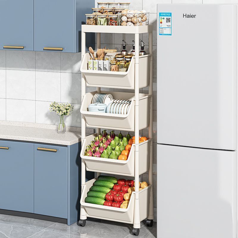 5-Tier Plastic Storage Rack with Open Shelves and Hooks, One Floor-Standing Organizer for Kitchen, Entryway, Shoes and Everyday Home Storage