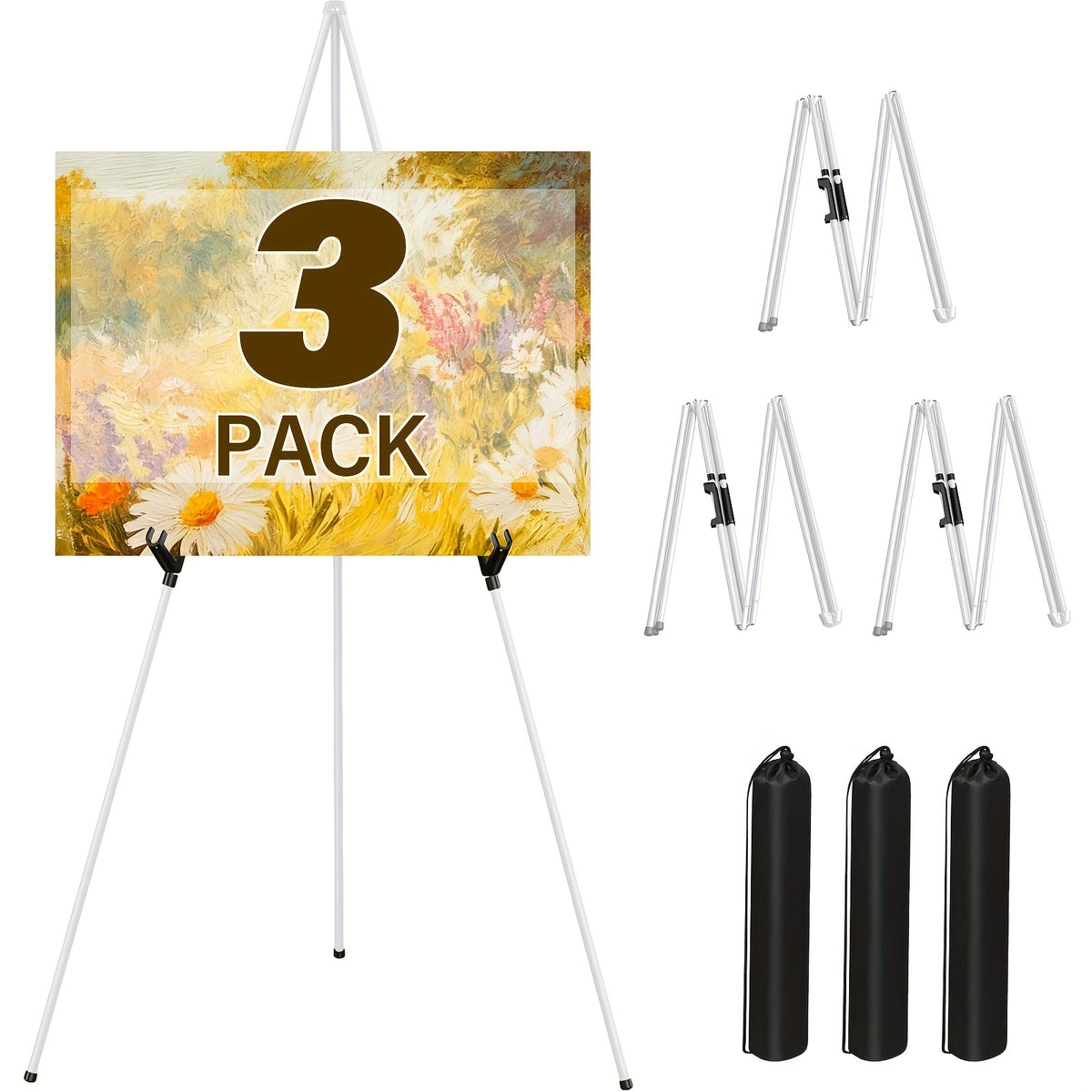 Display Easel Stand for Wedding Signs, Posters and Presentations, Folding Metal Tripod with 63-Inch Maximum Height, Adjustable Clips and Multi-Pack Options