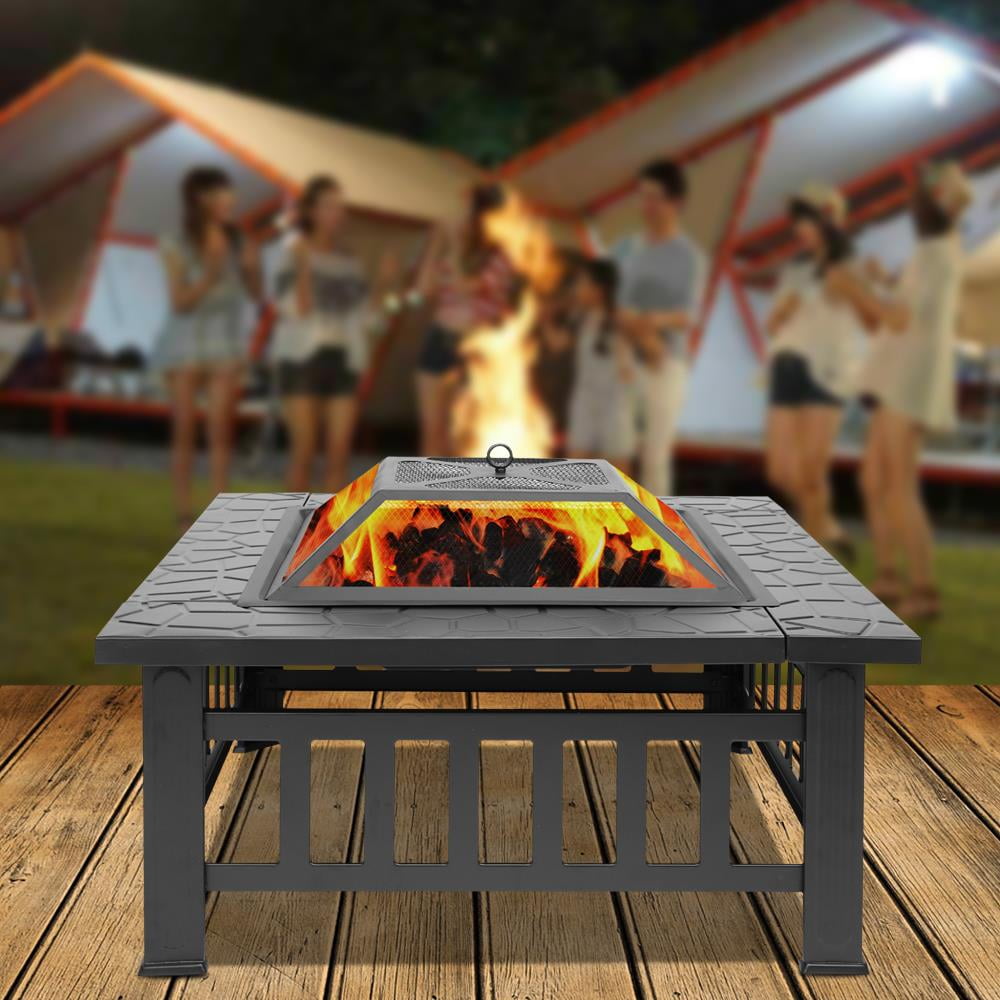 Square Wood Burning Fire Pit Table in Black Metal with Mesh Spark Screen and Poker, Four-Leg Outdoor Fire Bowl for Backyard and Patio Gatherings