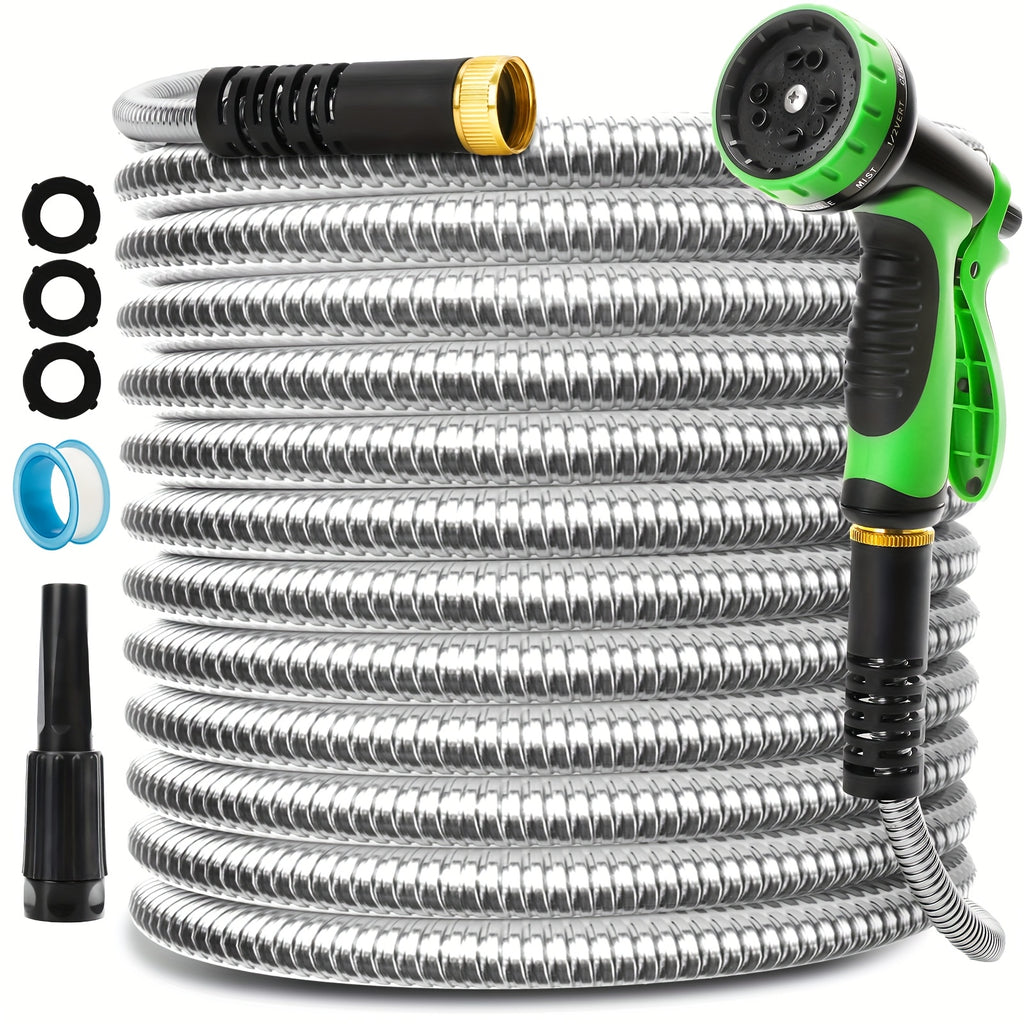 Metal Outdoor Watering Hose with Listed Stainless Steel Design, 50ft or 100ft Options and Ambiguous Three-Fitting and Ten-Function Nozzle Wording for Garden Care