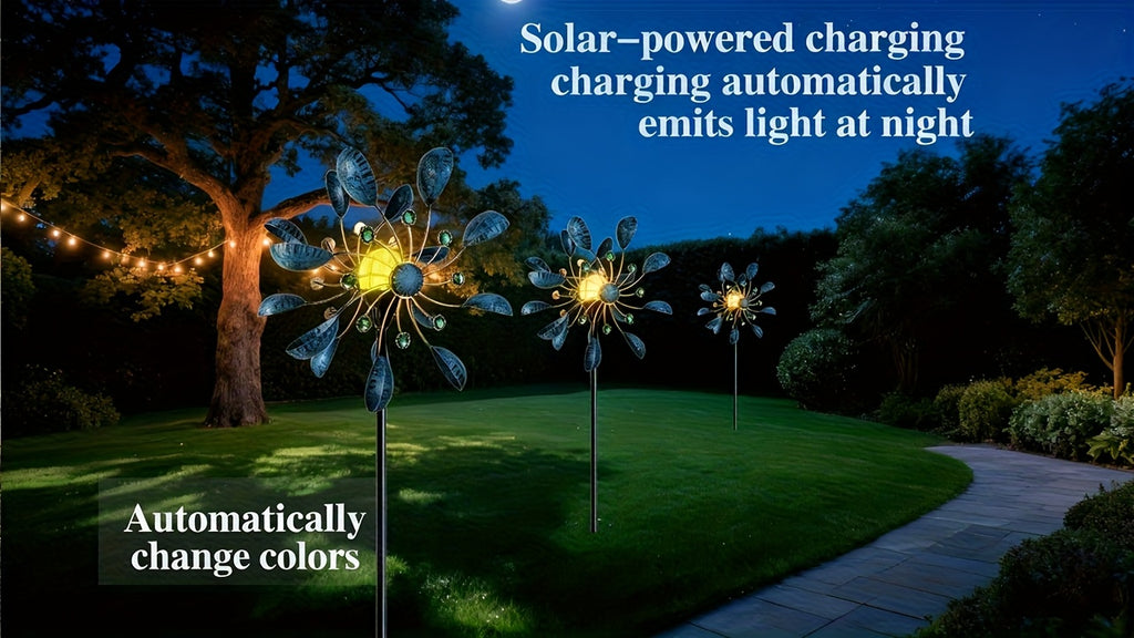 Garden Wind Spinner with Solar Multicolor LED Light, Metal Pinwheel Yard Decor with Listed 72-Inch Size and Red, Bronze, Blue or Butterfly Design Options