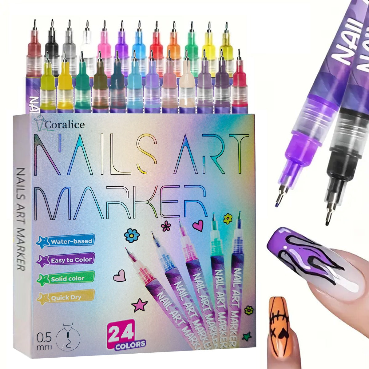 24-Color Nail Painting Pen Set with Quick-Drying Formula and ABS Plastic Barrels, Detail Drawing Tools for Adult DIY Doodle Manicures at Home or Salon
