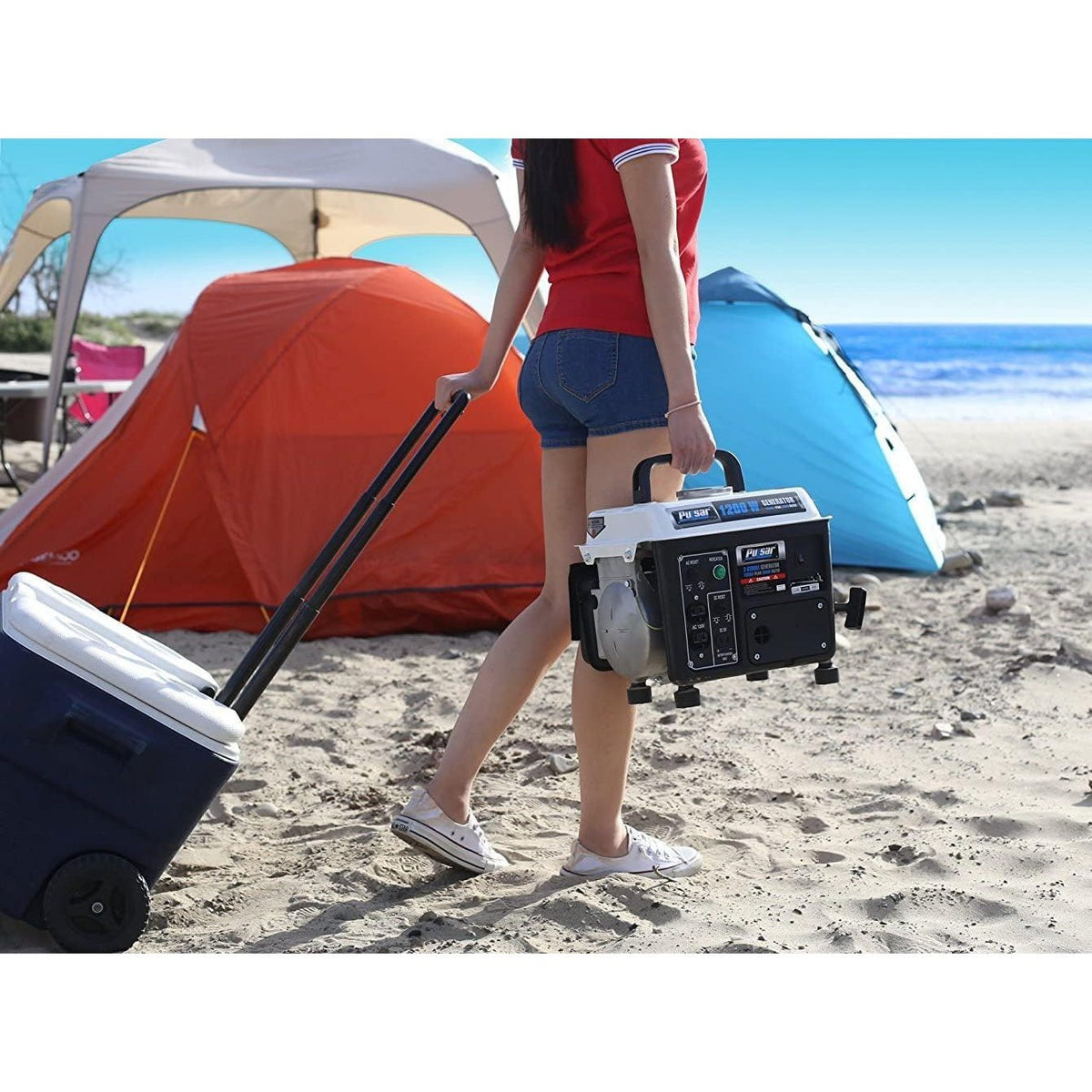 Gas-Powered Portable Generator by Pulsar with Carrying Handle, Listed 1200 Peak and 900 Running Watts, Recoil Start and 120V Outlets for Outdoor Power