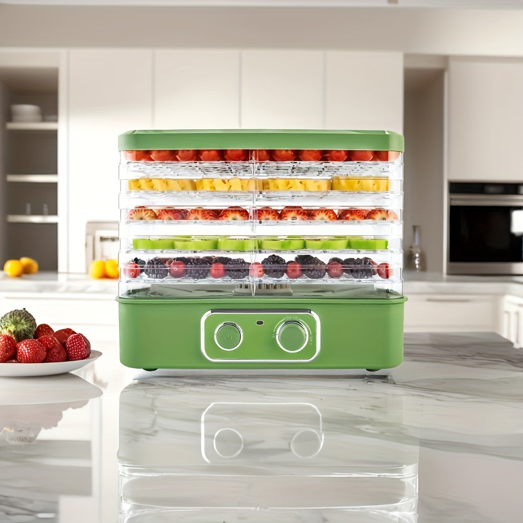 Stackable Food Dehydrator for Fruit, Vegetables and Herbs, Listed Five-Tray 240W Temperature-Control Model with Green, Silvery and Eight-Tier Option Labels