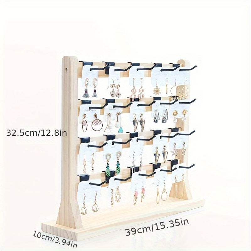 Tiered Wooden Jewelry Display Rack, Earring Card and Necklace Organizer with Removable Metal Hooks in 4, 5 or 6-Layer Light Wood and Oak Color Options
