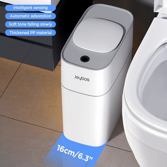 Slim Automatic Bathroom Trash Can, White 14L Touchless Motion Sensor Bin with Lid and Automatic Bag Attachment for Small Spaces, Bedrooms and Offices