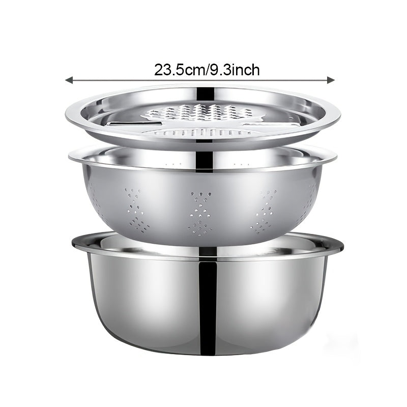 Kitchen Strainer Bowl Set, 3-Piece Stainless Steel Mixing Bowl, Filter and Grinder Kit in Silvery Finish for Rinsing Produce and Everyday Food Preparation