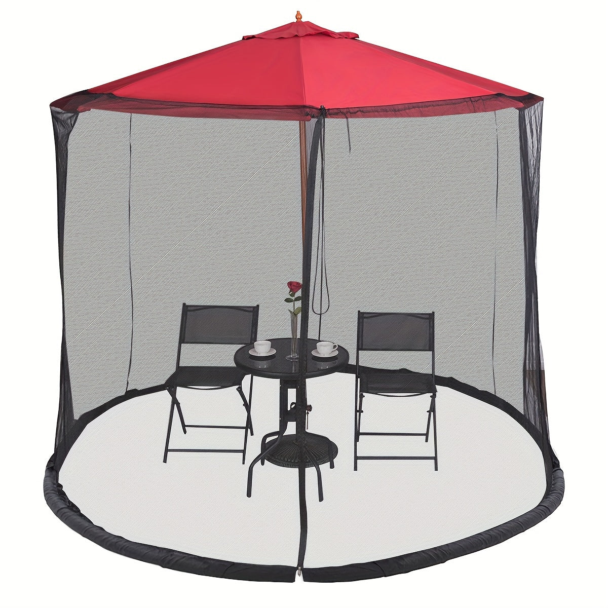 Patio Umbrella Mosquito Netting in Black for Listed 9–10-Foot Canopies, Adjustable Drawstring Screen with Zippered Entrance and Water-Fill Base Tubes