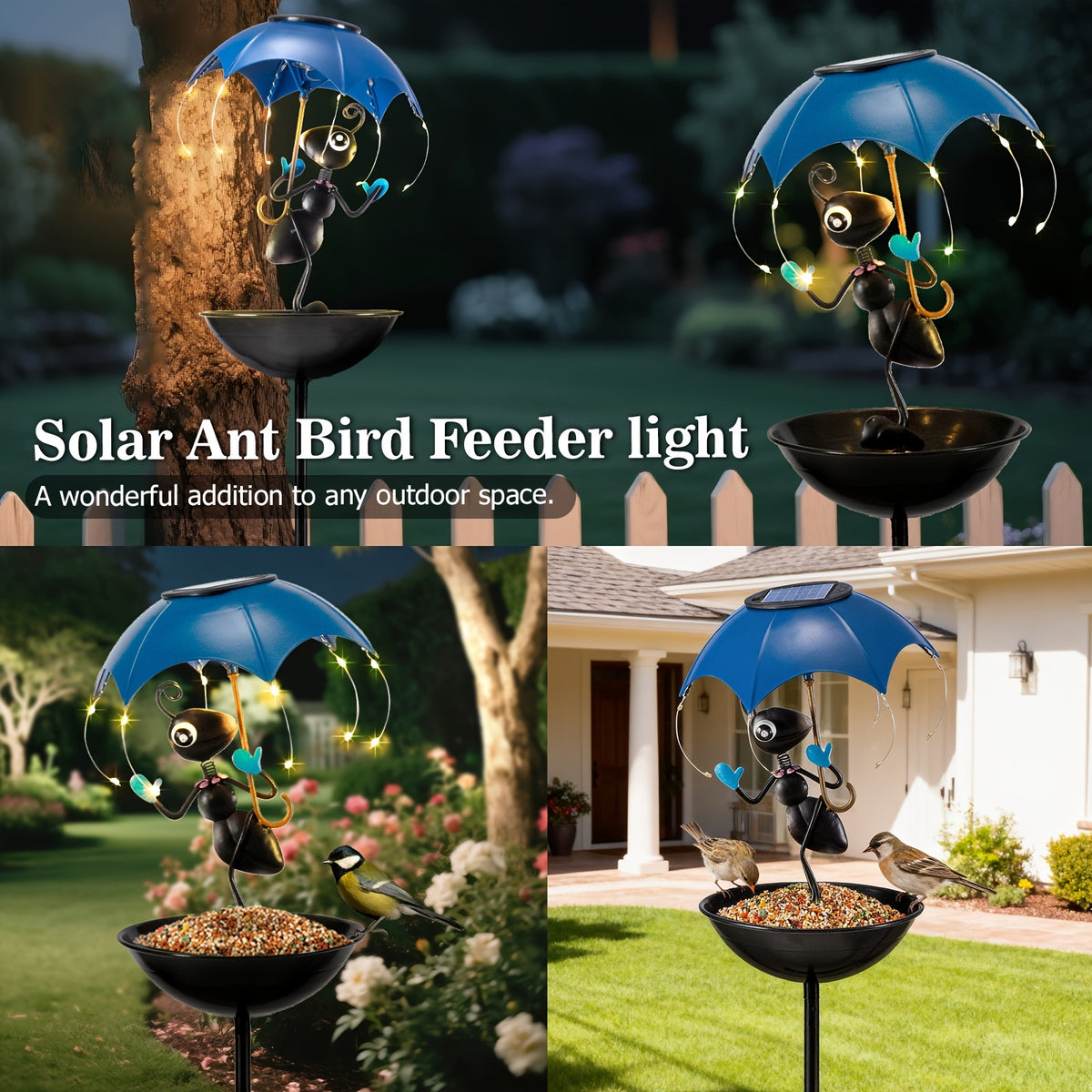 Solar Garden Decoration with Listed LED Light String and Bird Feeder Wording, Single Black Ant Option Label for Outdoor Lawn, Terrace and Pathside Displays