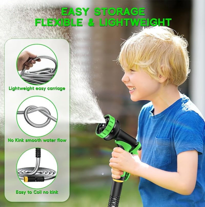 Stainless Steel Garden Hose with 10-Function Nozzle and Brass Joint, Metal Watering Hose in Multiple Length and Upgrade Kit Options for Yard and Car Care