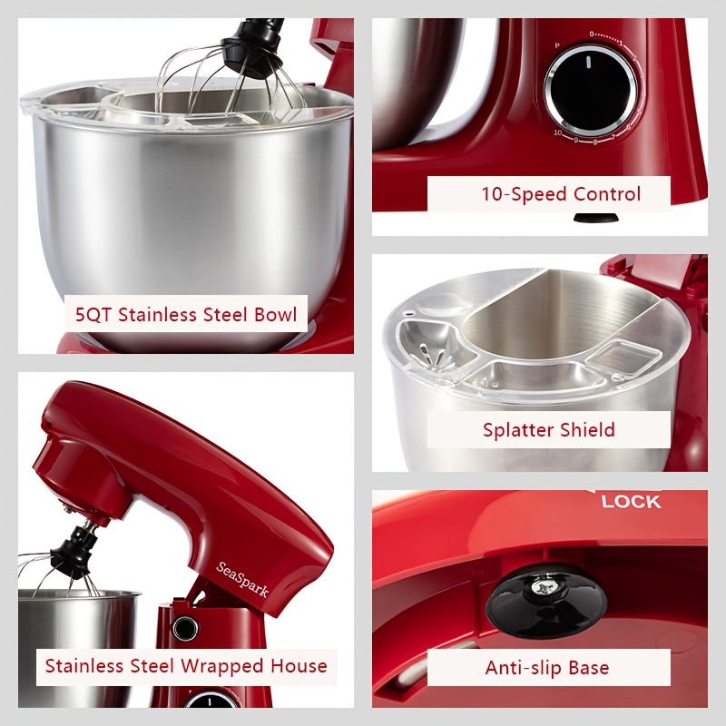 Tilt-Head Stand Mixer with 10 Speeds and Pulse Button, Stainless Steel Bowl, Dough Hook and Egg Mixer, 5L-Labeled Red, Silvery or Black Options for Home Baking