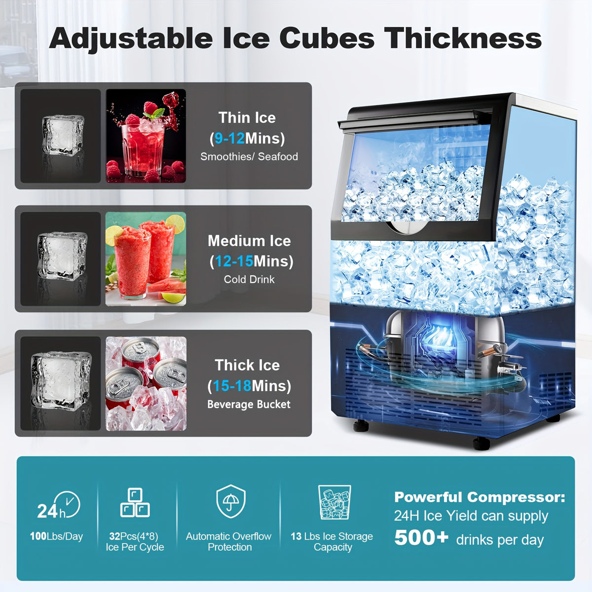 Commercial Ice Maker with 13lb Storage Bin, Listed 100lb Daily Production, Silver Freestanding or Under-Counter Machine with Water Filter, Scoop and Hose