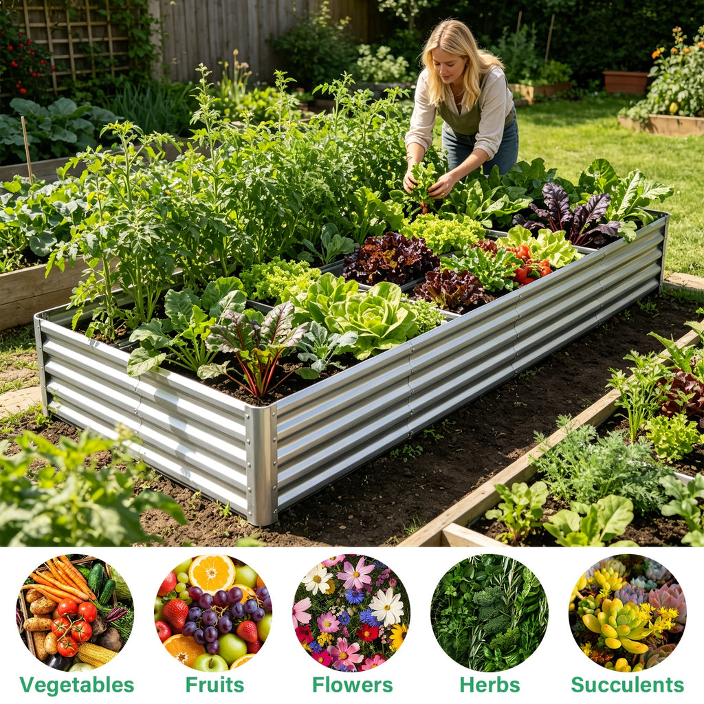 Metal Raised Garden Bed Kits with Galvanized Oval Planter Wording, Listed 4x2x1ft and 8x4x1ft Multipack Options plus Single-Bed Label for Outdoor Garden Planning