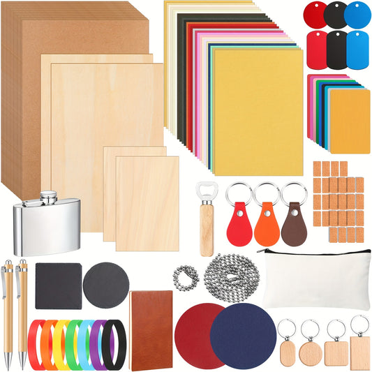Laser Engraving Materials Kit with Listed 127 Pieces, Wood, Metal, Fabric, Glass, Rock and Rubber Categories for Compatible Craft Project Planning