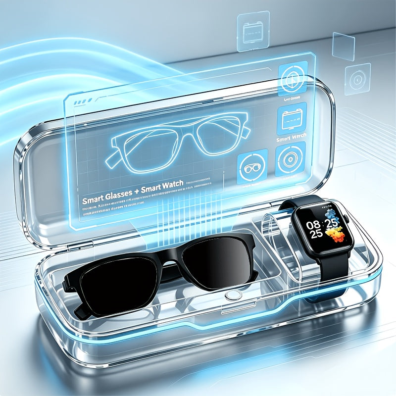 Smartwatch and AI Translation Glasses Bundle with Full Touchscreen, Online Multilingual and Photo Translation, Built-In Microphone and Speaker for Wireless Calls