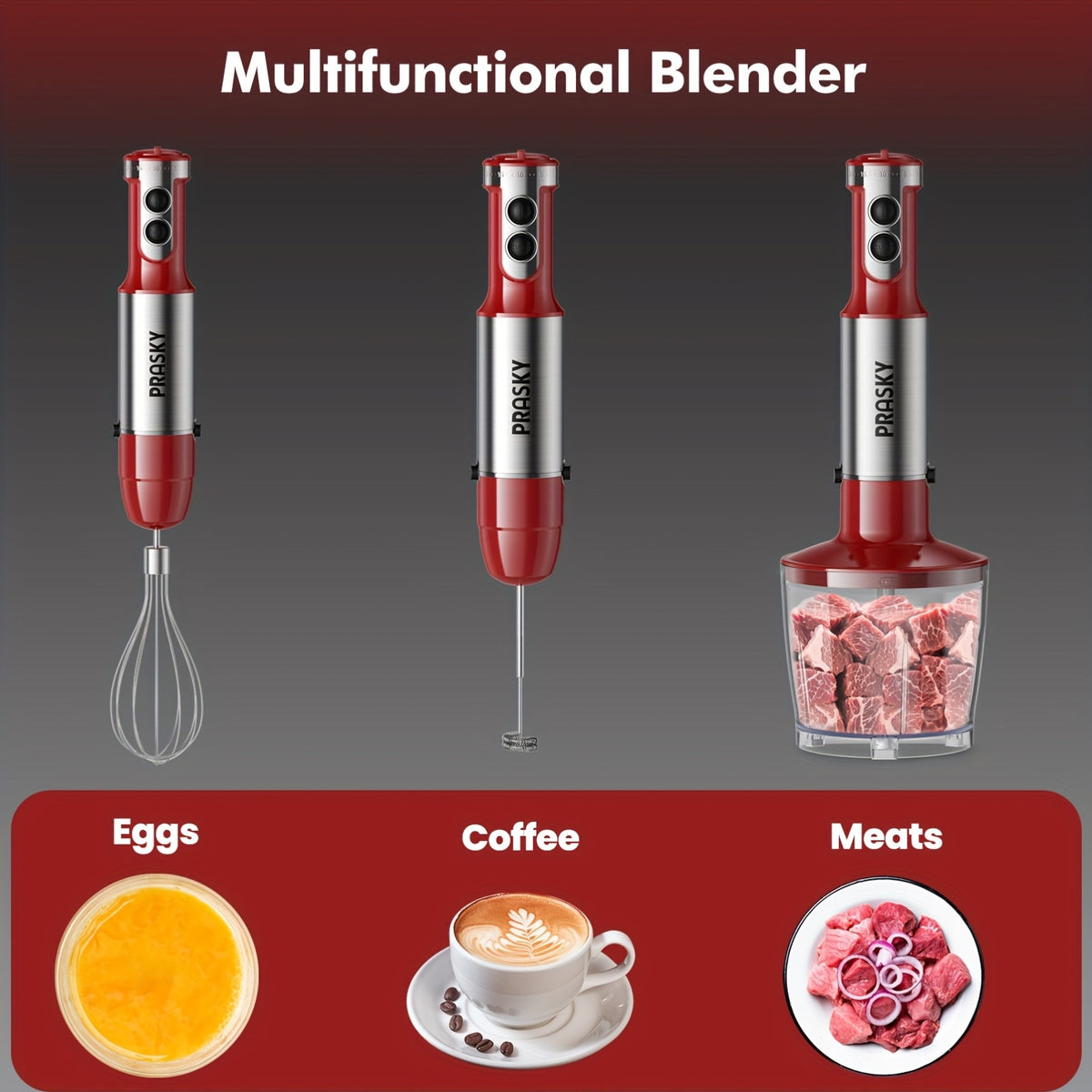 Immersion Blender Set with 5-in-1 Handheld Design, Whisk, Measuring Cups and Meat Chopper Attachments for Everyday Kitchen Prep in Red or Black