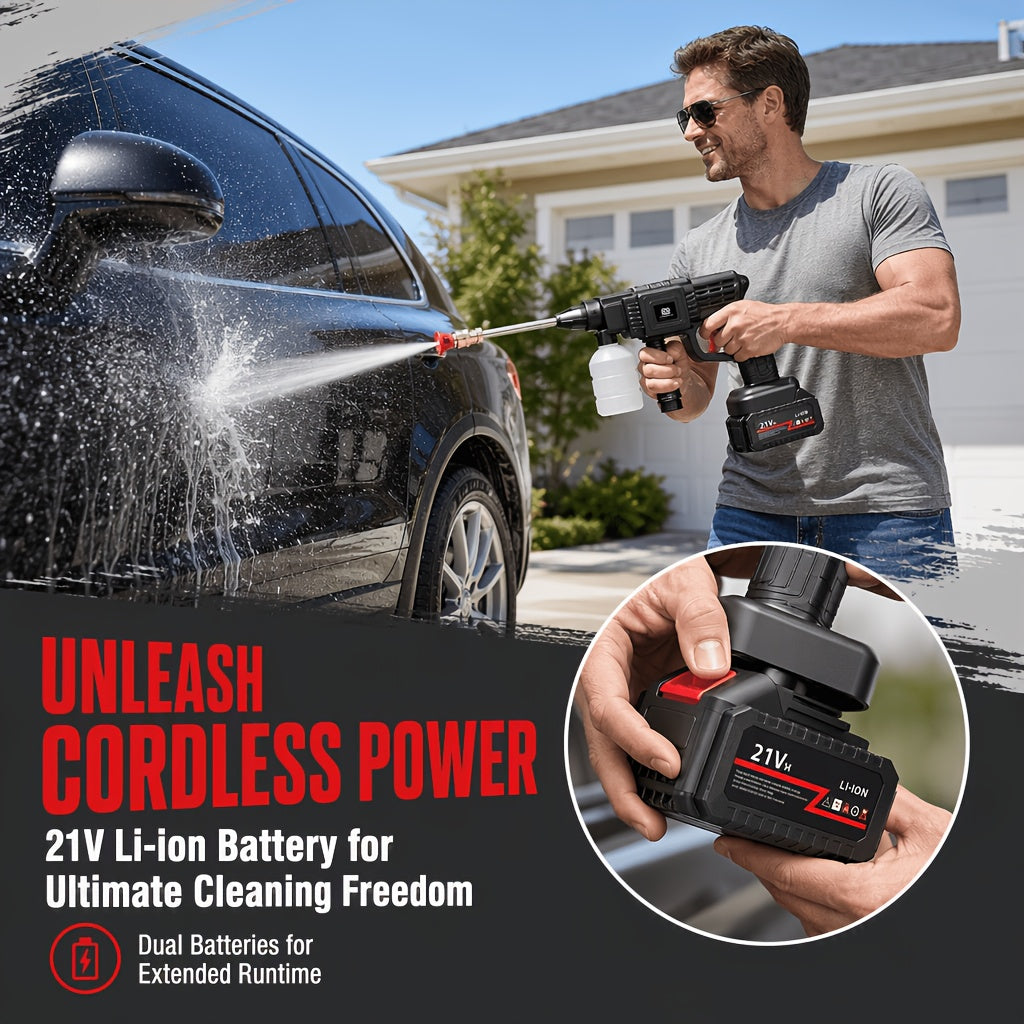 Rechargeable Pressure Washer Kit with Listed 30 Bar/435 PSI Output, One or Two Battery Options, Water Hose and Foam Nozzles for Car, Yard and Garden Cleaning