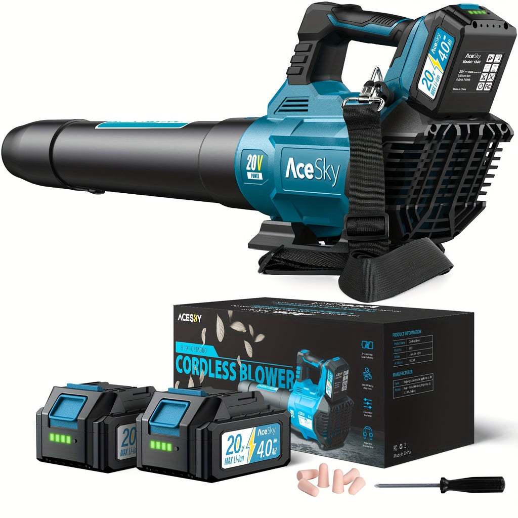 Three-Speed Cordless Leaf Blower with Extension Nozzle and Shoulder Strap References, Blue, Green, Yellow or 420CFM One-Battery Labels for Outdoor Yard Cleanup