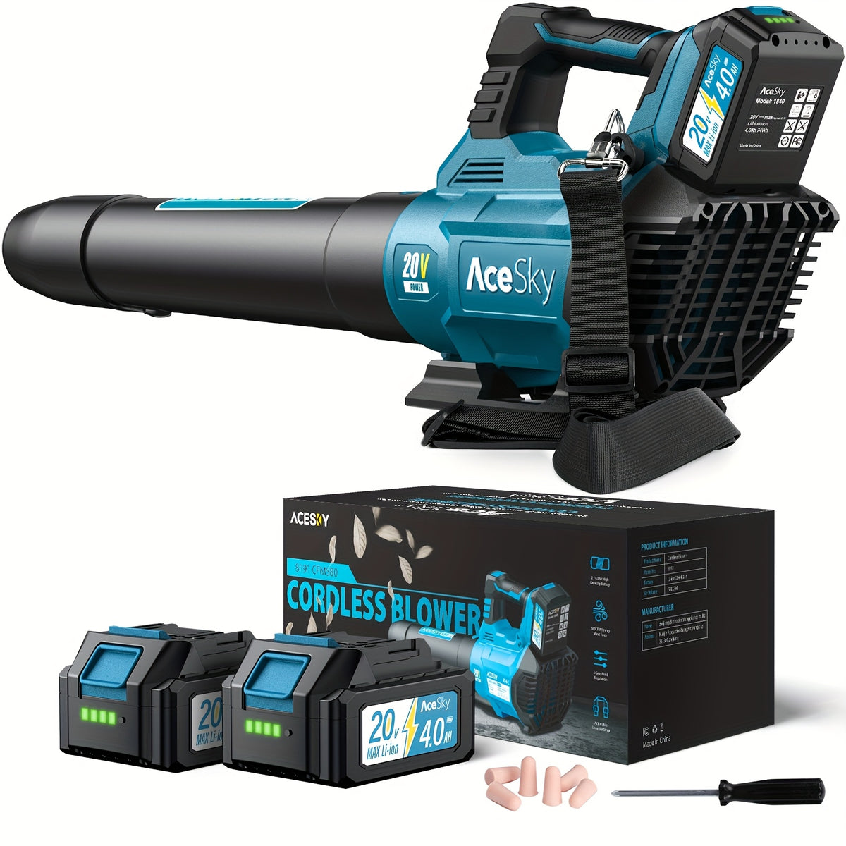 Three-Speed Cordless Leaf Blower with Extension Nozzle and Shoulder Strap References, Blue, Green, Yellow or 420CFM One-Battery Labels for Outdoor Yard Cleanup
