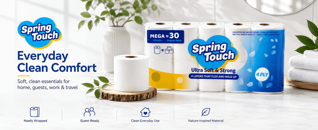 4-Ply Toilet Paper by Spring Touch, Individually Wrapped Unscented Bathroom Tissue Made with 100% Virgin Wood Pulp in 10, 20, 30 or 60 Roll Packs