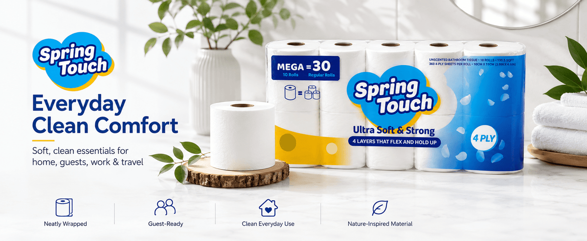 4-Ply Toilet Paper by Spring Touch, Individually Wrapped Unscented Bathroom Tissue Made with 100% Virgin Wood Pulp in 10, 20, 30 or 60 Roll Packs