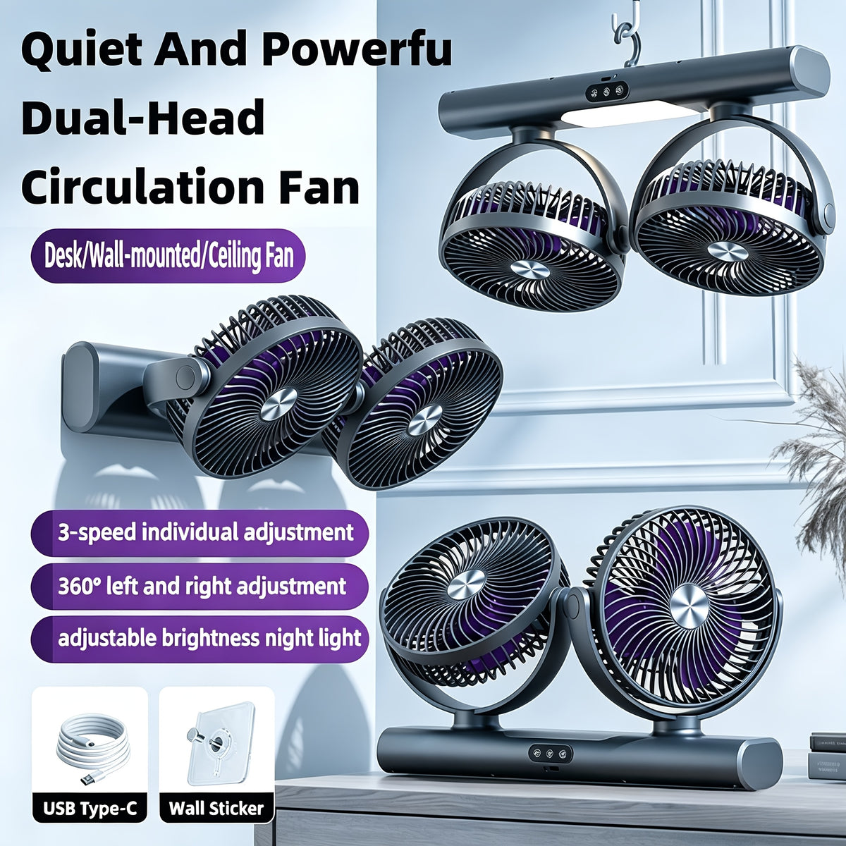 USB Fan with Night Light, 3-Speed Portable Ceiling and Wall Fan with Multi-Angle Airflow for Bedroom, Office Desk, Dorm and Camping
