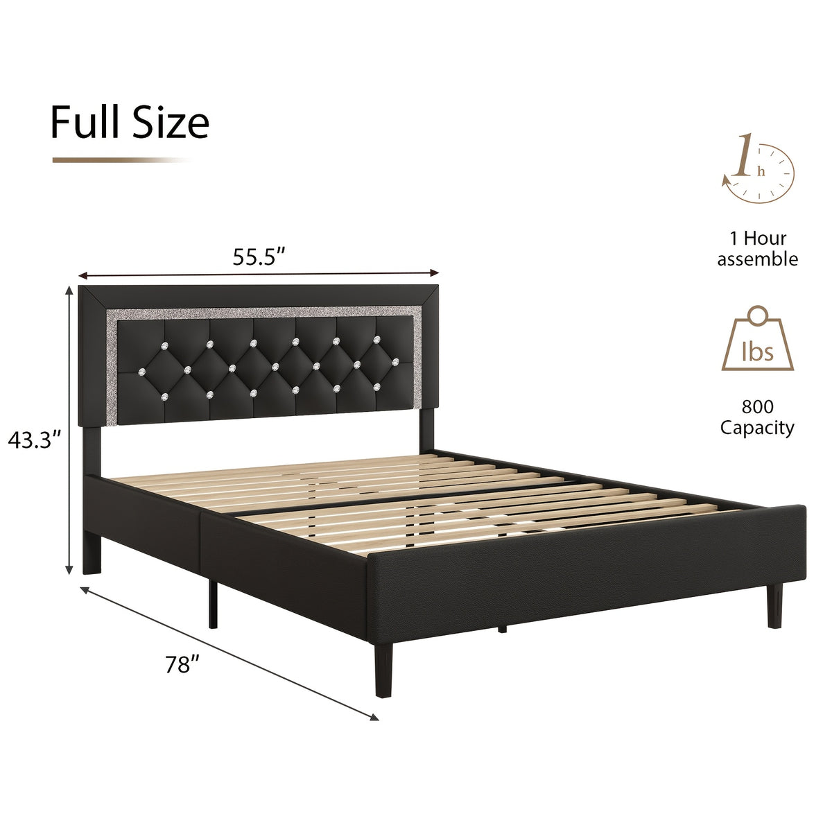 Princess Bed Frame with Diamond Headboard and Wooden Slat Support, Bedroom Furniture in White, Black or Pink with Twin, Full and Queen-1 Size Options
