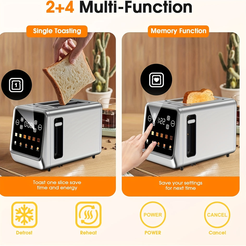 Digital Touchscreen Toaster, 2-Slice 900W Stainless Steel Model with 1.5-Inch Wide Slots, Memory Function, 5 Bread Types and 6 Shade Settings
