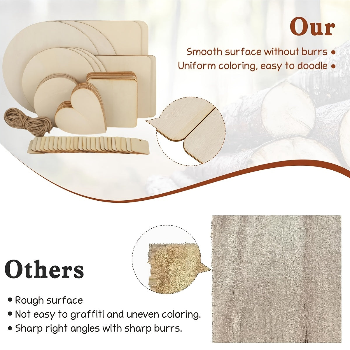 Wooden Craft Blanks in Round, Square and Heart Shapes, 130pcs or 65pcs with Twine Options for DIY Painting, Personalized Gift Accents and Wedding Decor