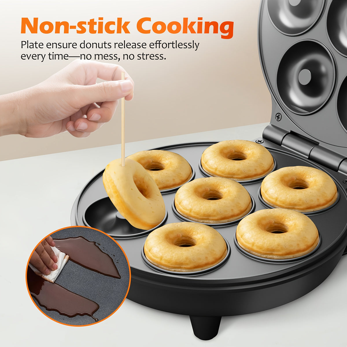 Mini Donut Maker with 7 Slots and Nonstick Cooking Plates for Homemade Breakfast Treats, After-School Snacks, Family Desserts and Decorating Fun
