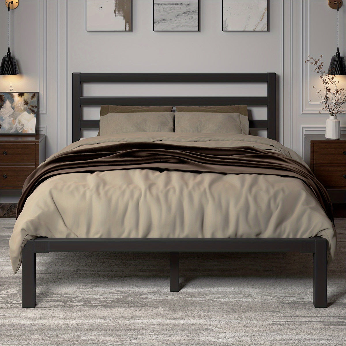 Metal Slat Platform Bed Frame with Slatted Headboard and Under-Bed Storage Space, No Box Spring Needed, Black or White in Twin, Full, Queen and King