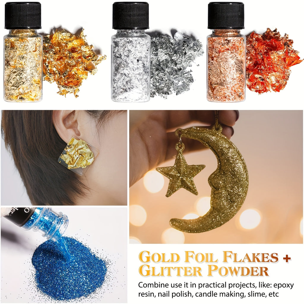 Mica Pigment and Glitter Craft Set with Listed 26 Mica Shades, Three Foil Flake Colors and Three Glitter Powders for Compatible Epoxy Resin Decorative Projects