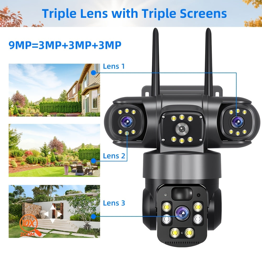 Three-Lens Solar WiFi Security Camera with Listed 355-Degree Pan and 90-Degree Tilt, PIR Alerts, Color Night Vision and Two-Way Audio, Two Package Labels