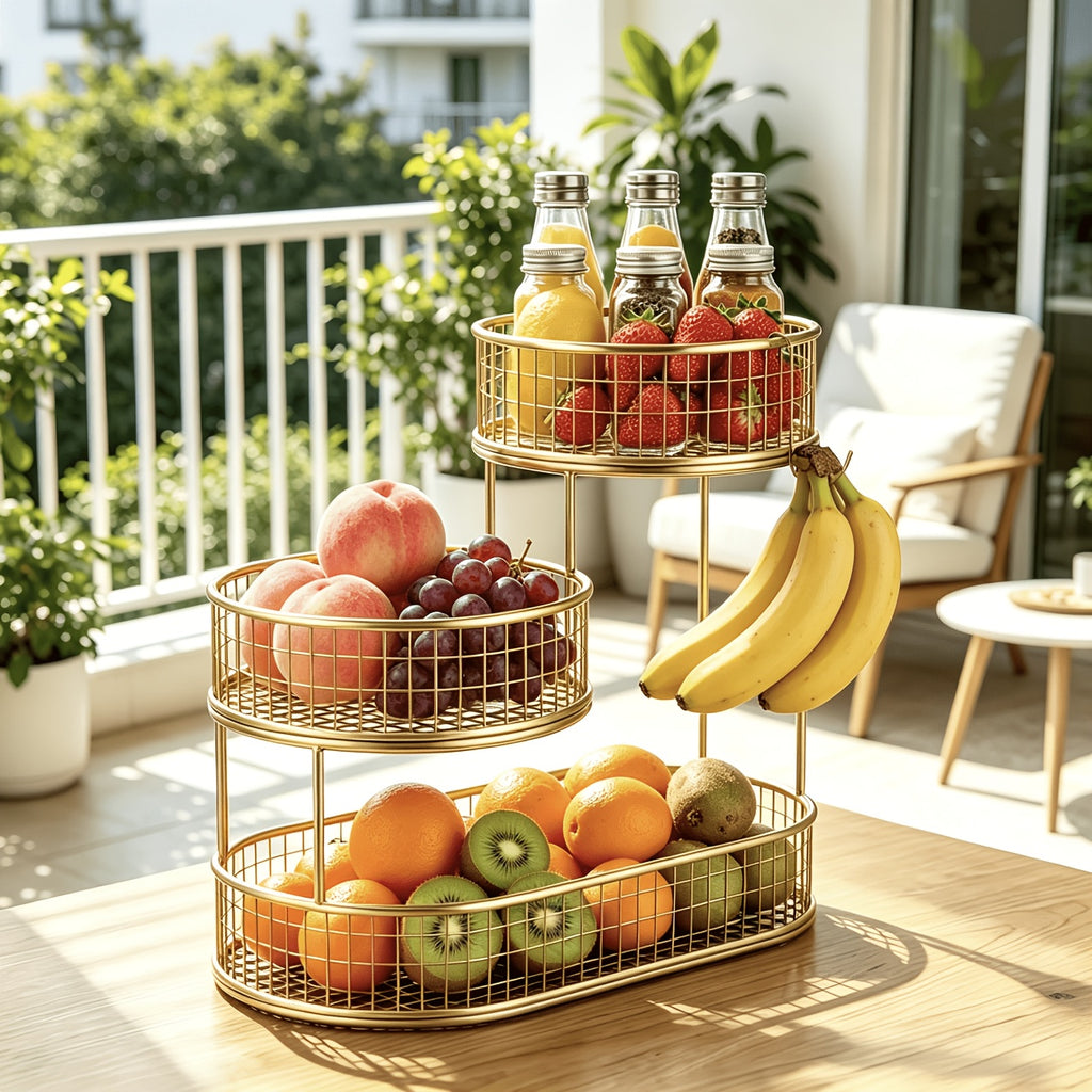 3-Tier Metal Fruit Basket for Kitchen Organization, Large Capacity Produce, Bread and Snack Storage with Black and 3 tier-Golden Option Labels