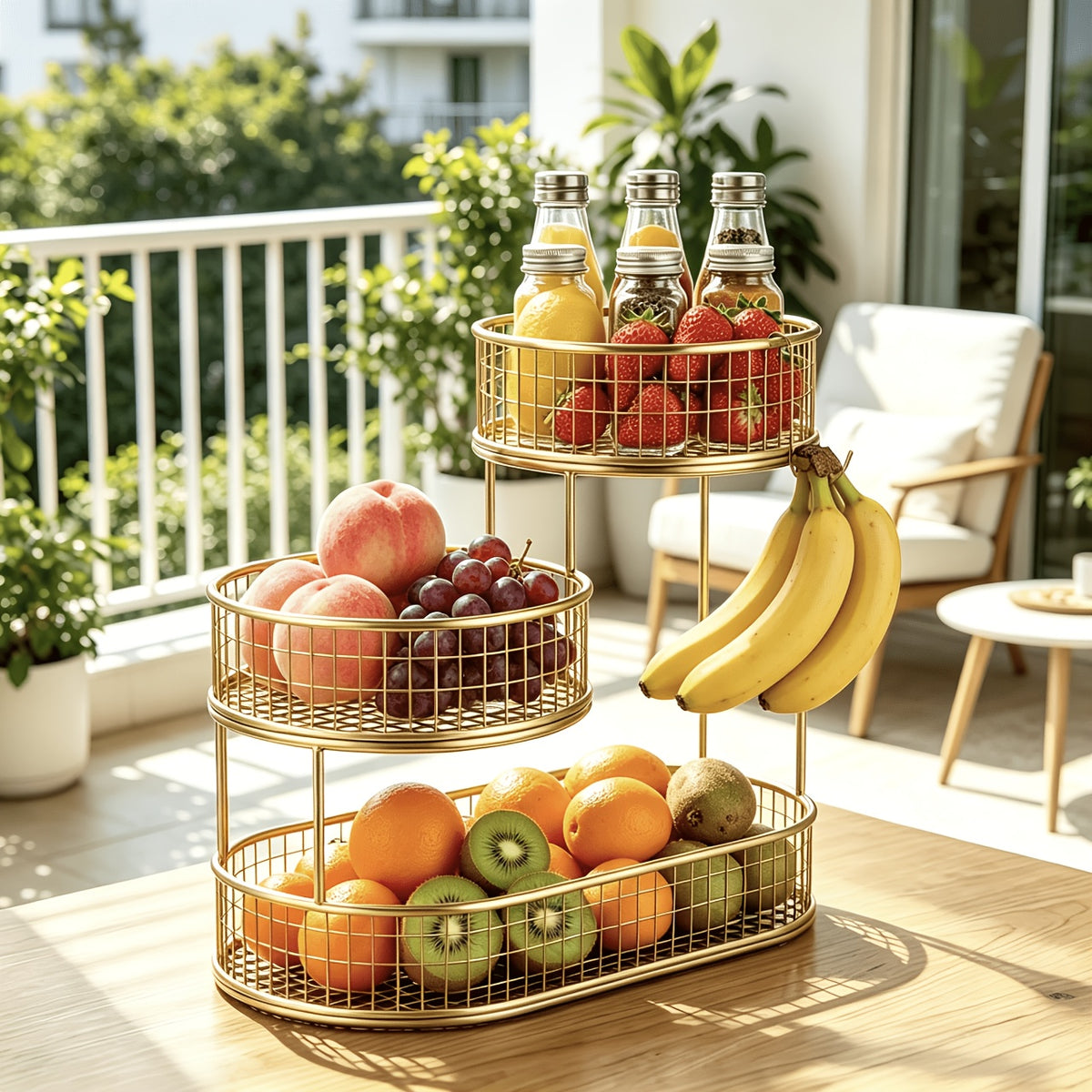 3-Tier Metal Fruit Basket for Kitchen Organization, Large Capacity Produce, Bread and Snack Storage with Black and 3 tier-Golden Option Labels
