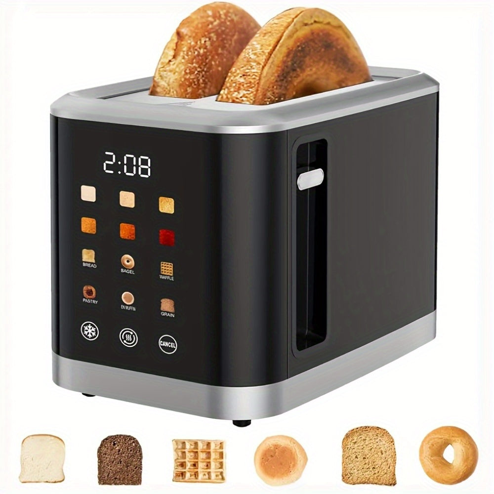 Black Touchscreen Two-Slice Toaster with Listed 1.5-Inch Wide Slots, Cancel and Defrost Functions for Compatible Bread and Bagels, Adjustable Toast Setting Wording