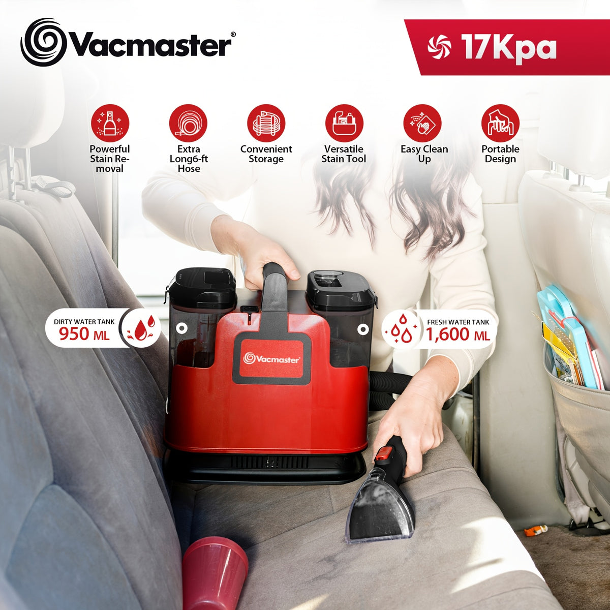 Portable Carpet Cleaner SCB301 1101 with White Version Option, Listed 17kPa Suction and Upholstery Tool Wording for Compatible Area Rugs and Couch Fabrics