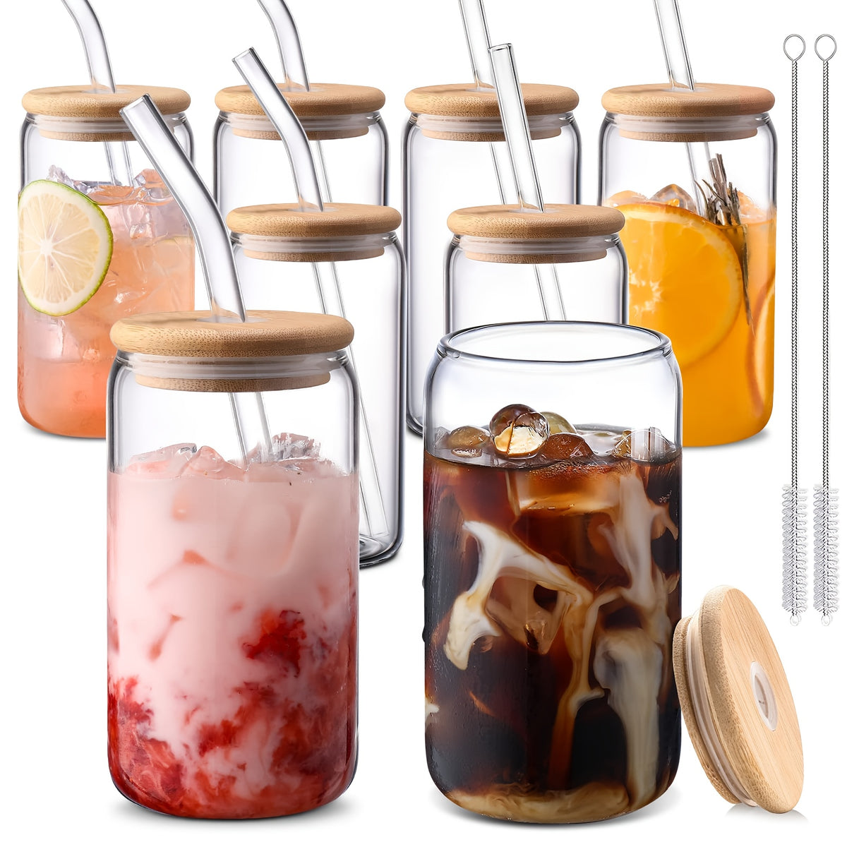 Iced Coffee Glass Set with 16oz Mason Jar Style Mugs, Bamboo Lids and Straws for Reusable Cold Beverage Serving at Home, Brunch Gatherings and Gift Giving